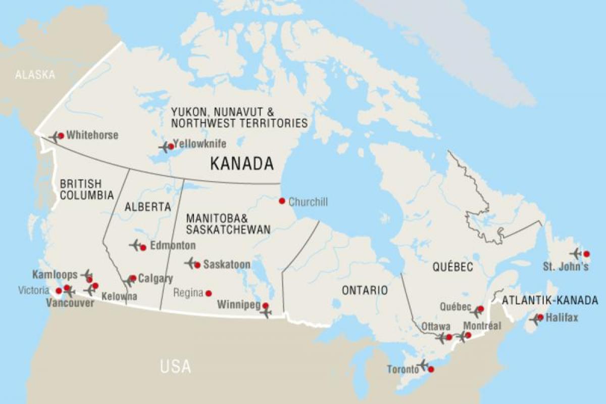 Mapa portów lotniczych w Kanadzie