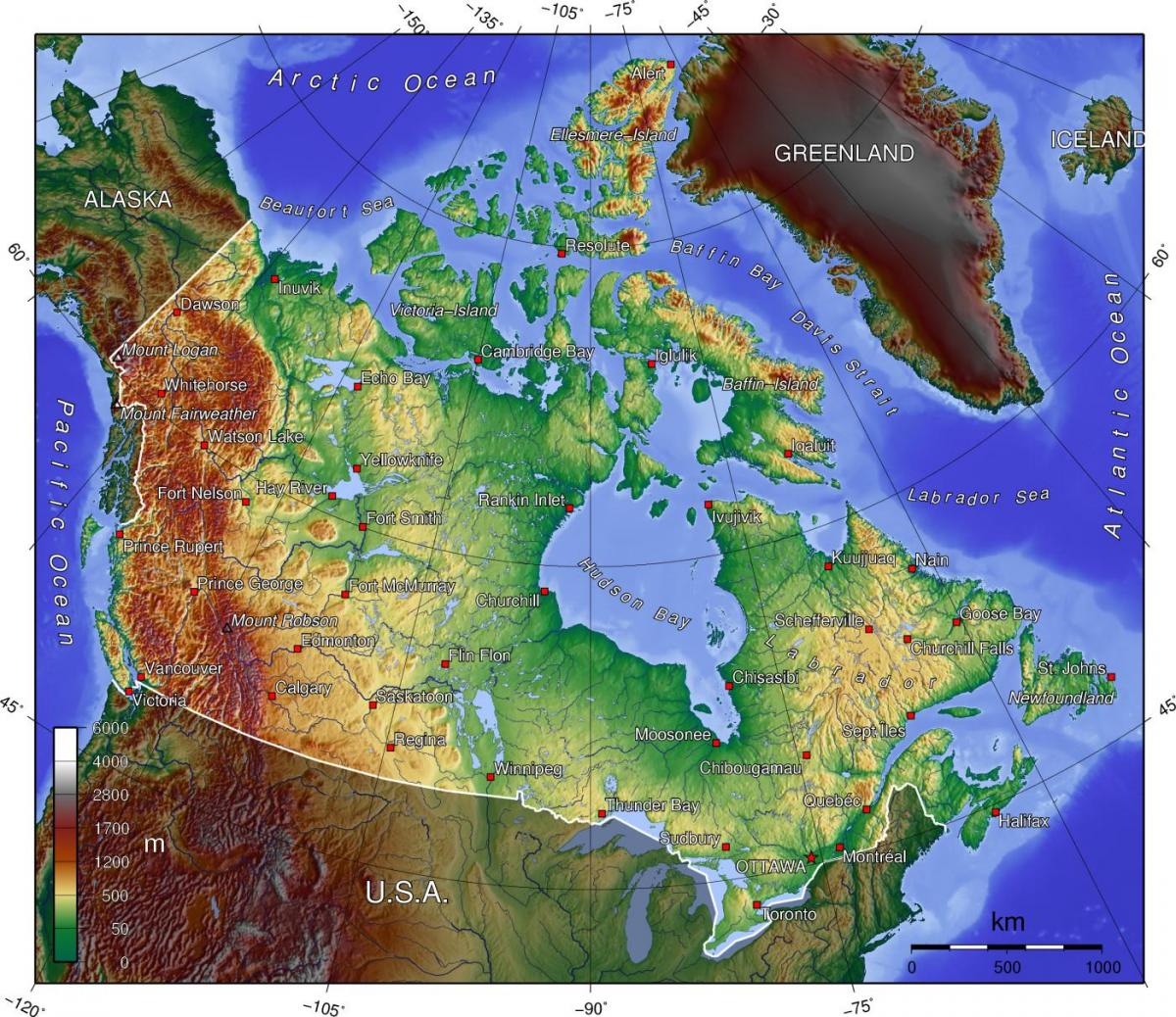 Topograficzna mapa Kanady