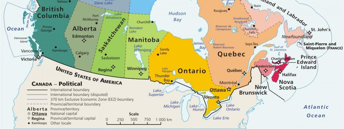 Mapa na południe od Kanady